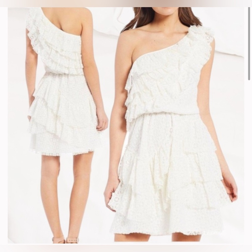 Chelsea & Violet Ivory One Shoulder Lace Tiered Ruffle Dress - Picture 1 of 6